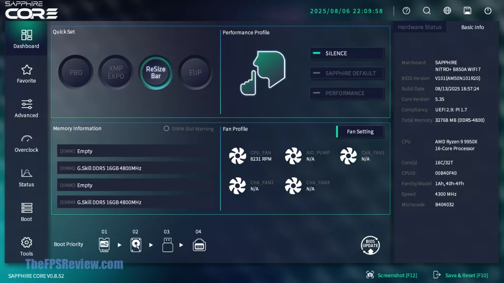 SAPPHIRE NITRO+ B850A WIFI 7 Motherboard SAPPHIRE CORE BIOS UI UEFI Screenshot