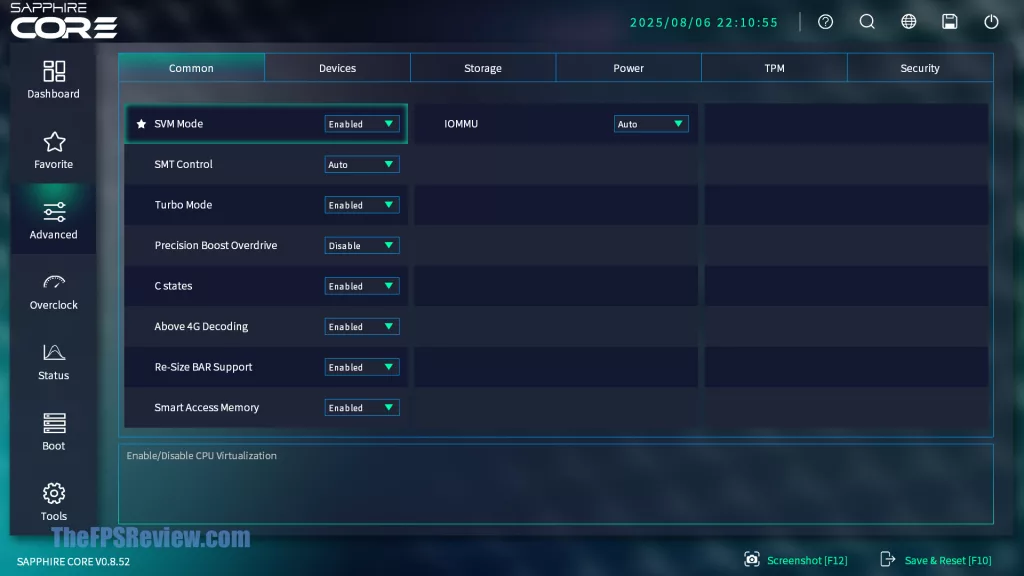 SAPPHIRE NITRO+ B850A WIFI 7 Motherboard SAPPHIRE CORE BIOS UI UEFI Screenshot