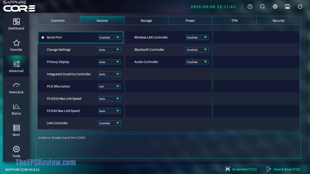 SAPPHIRE NITRO+ B850A WIFI 7 Motherboard SAPPHIRE CORE BIOS UI UEFI Screenshot