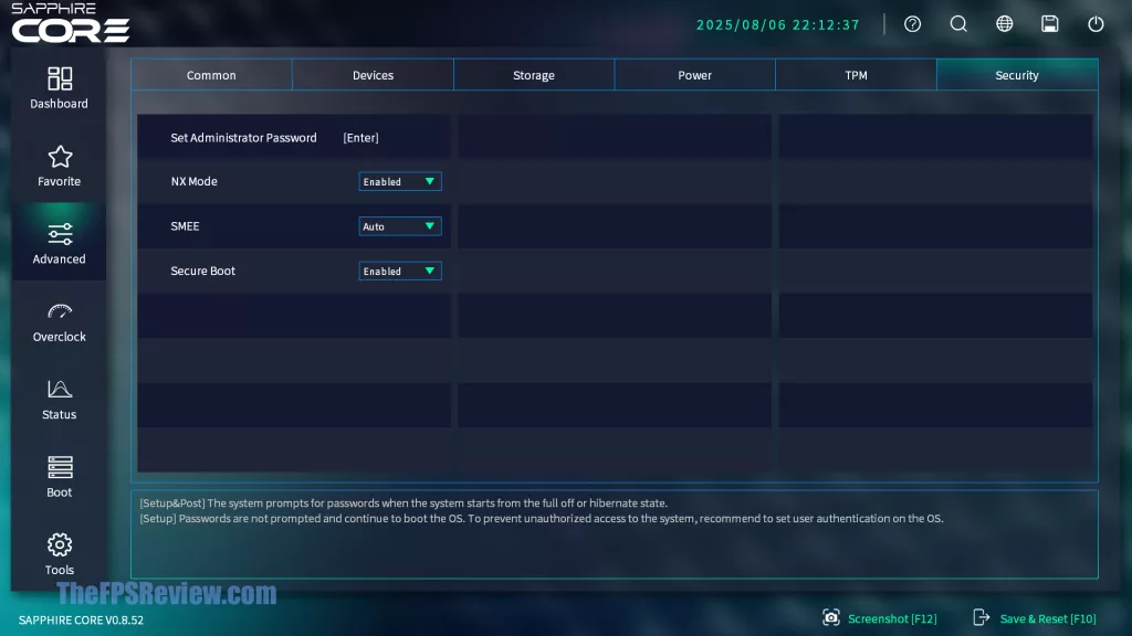SAPPHIRE NITRO+ B850A WIFI 7 Motherboard SAPPHIRE CORE BIOS UI UEFI Screenshot
