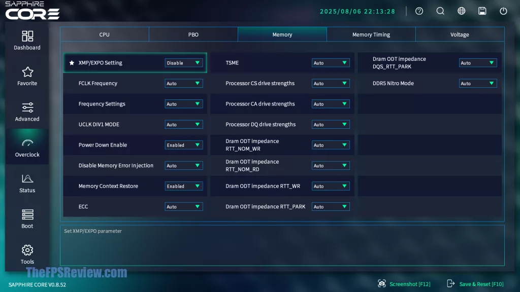 SAPPHIRE NITRO+ B850A WIFI 7 Motherboard SAPPHIRE CORE BIOS UI UEFI Screenshot