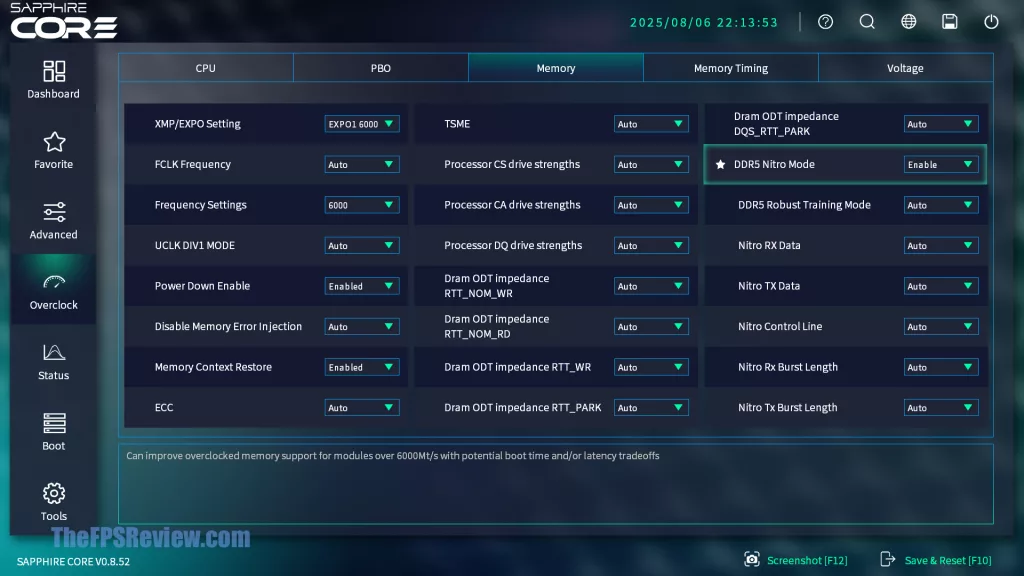 SAPPHIRE NITRO+ B850A WIFI 7 Motherboard SAPPHIRE CORE BIOS UI UEFI Screenshot