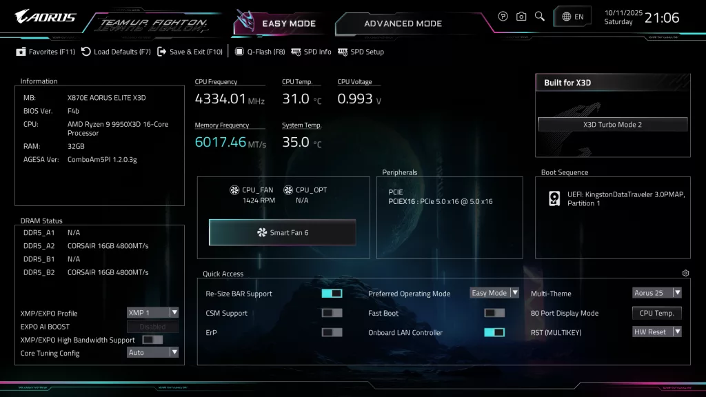 GIGABYTE X870E AORUS ELITE X3D Motherboard: BIOS screenshot