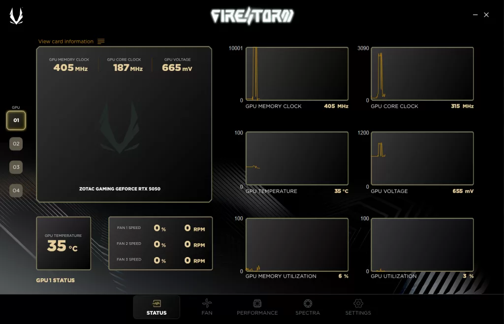 ZOTAC GAMING GeForce RTX 5050 SOLO FireStorm Utility Screenshot
