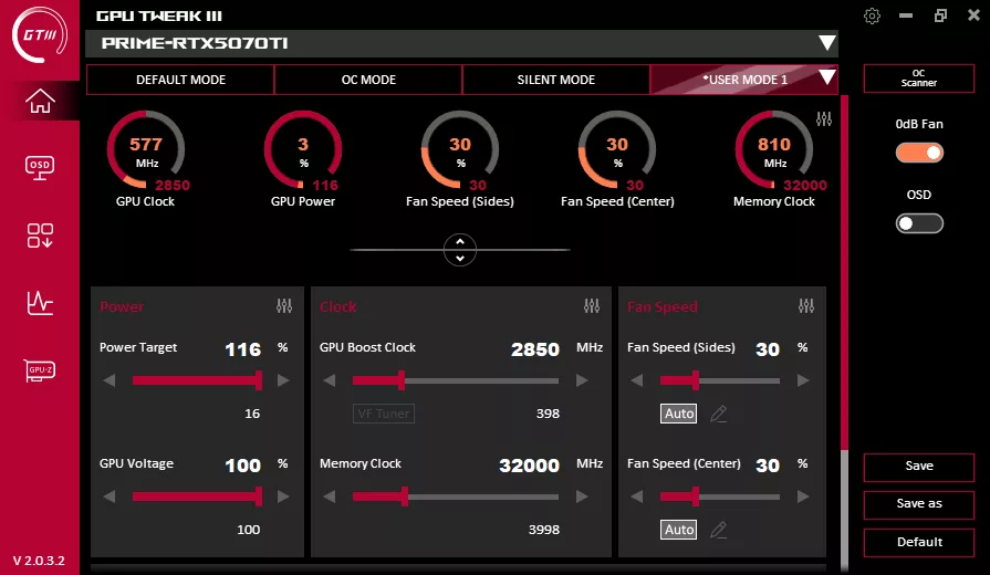 Maximum Voltage Potential ASUS GPU Tweak III Screenshot GeForce RTX 5070 Ti