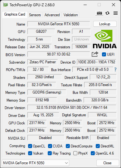 ZOTAC GAMING GeForce RTX 5050 SOLO GPU-Z Default Screenshot
