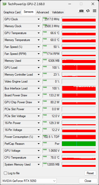 ZOTAC GAMING GeForce RTX 5050 SOLO Default GPU-Z Sensor Data Screenshot