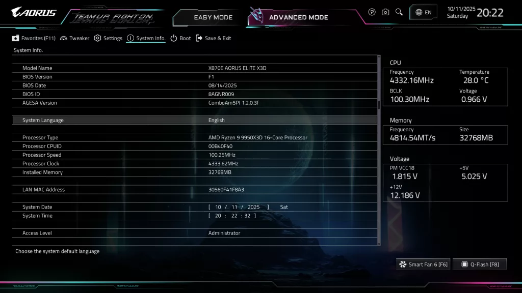GIGABYTE X870E AORUS ELITE X3D Motherboard: BIOS screenshot