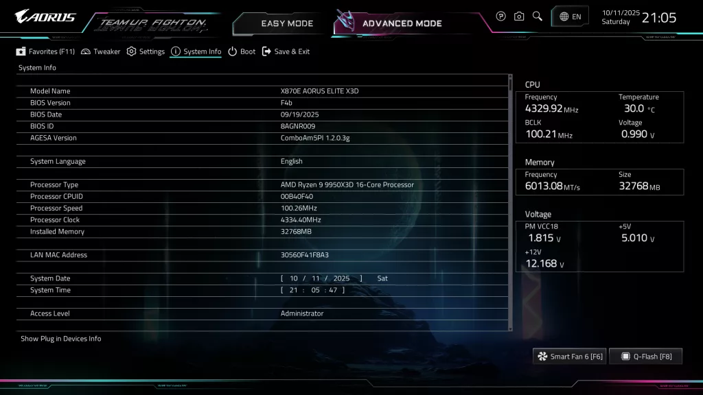 GIGABYTE X870E AORUS ELITE X3D Motherboard: BIOS screenshot