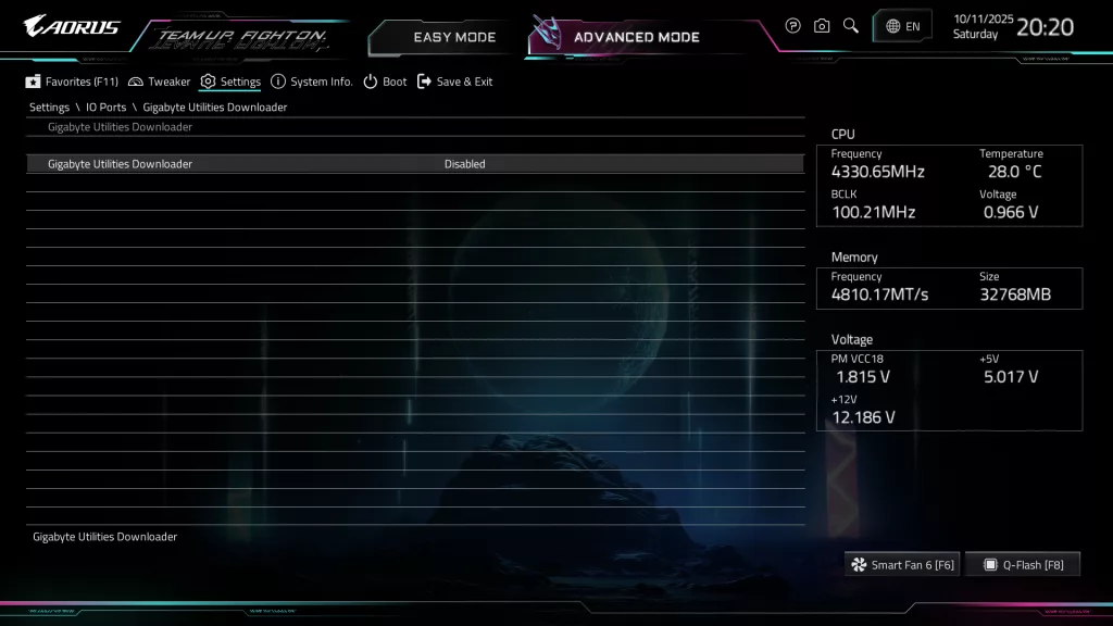 GIGABYTE X870E AORUS ELITE X3D Motherboard: BIOS screenshot