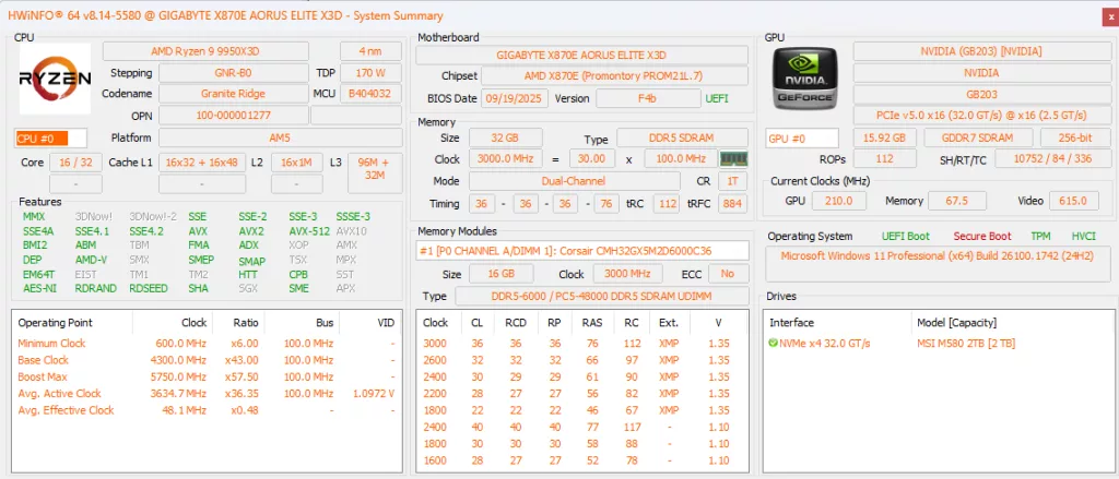 GIGABYTE X870E AORUS ELITE X3D Motherboard: BIOS screenshot, HWInfo64 information