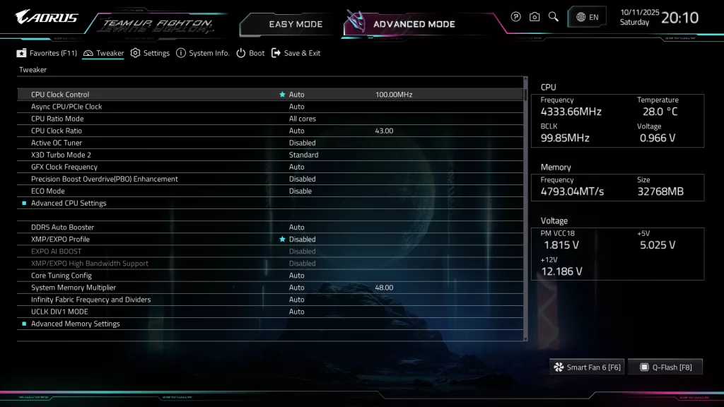 GIGABYTE X870E AORUS ELITE X3D Motherboard: BIOS screenshot