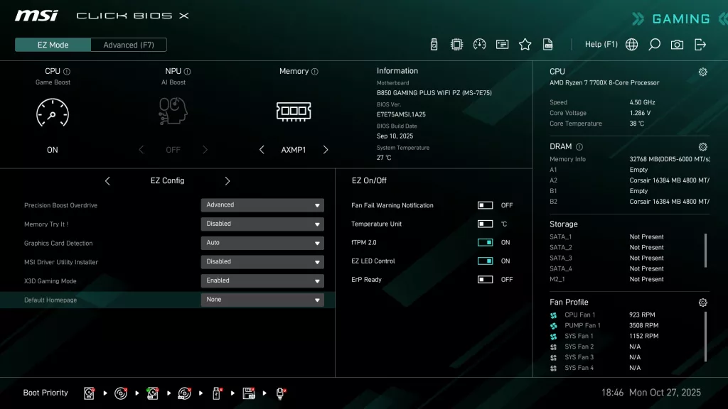MSI B850 GAMING PLUS WiFi PZ motherboard: BIOS