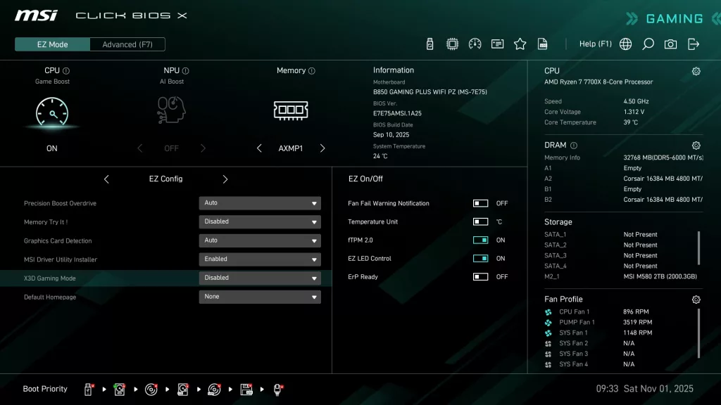 MSI B850 GAMING PLUS WiFi PZ motherboard: BIOS