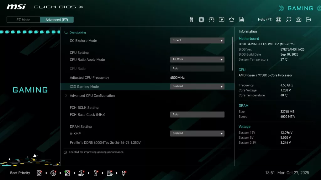 MSI B850 GAMING PLUS WiFi PZ motherboard: BIOS