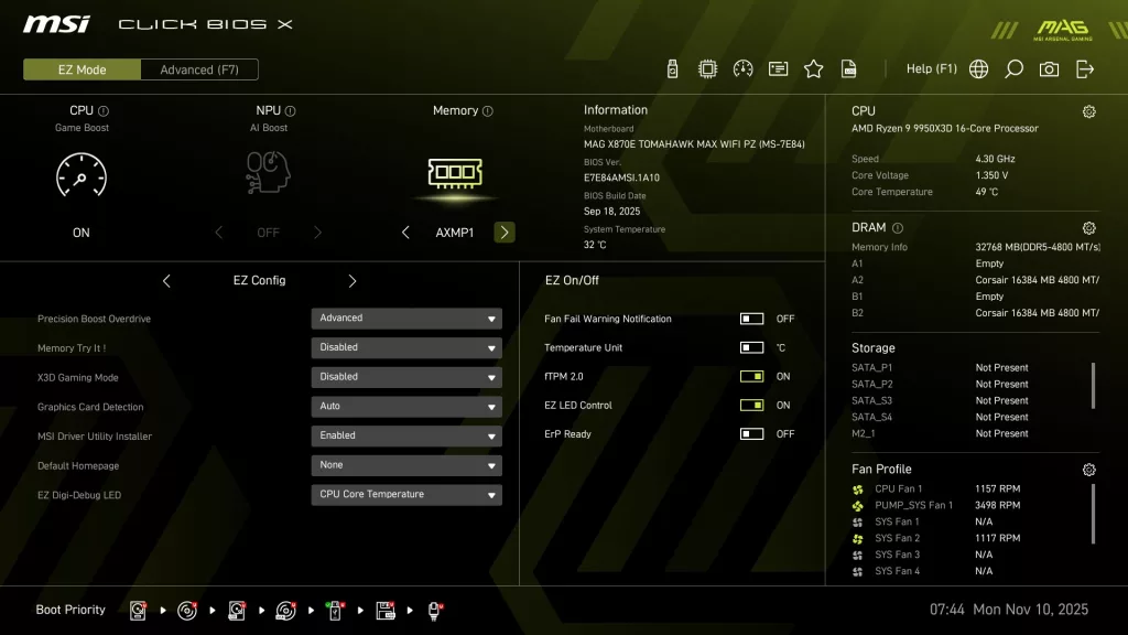 MSI MAG X870E TOMAHAWK MAX WiFi PZ motherboard: BIOS