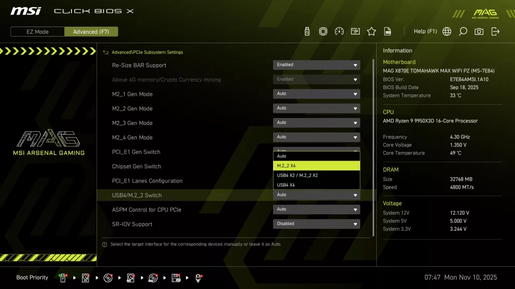MSI MAG X870E TOMAHAWK MAX WiFi PZ motherboard: BIOS