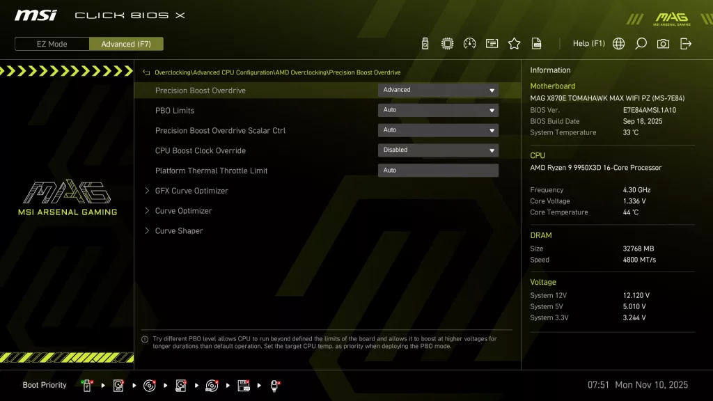 MSI MAG X870E TOMAHAWK MAX WiFi PZ motherboard: BIOS