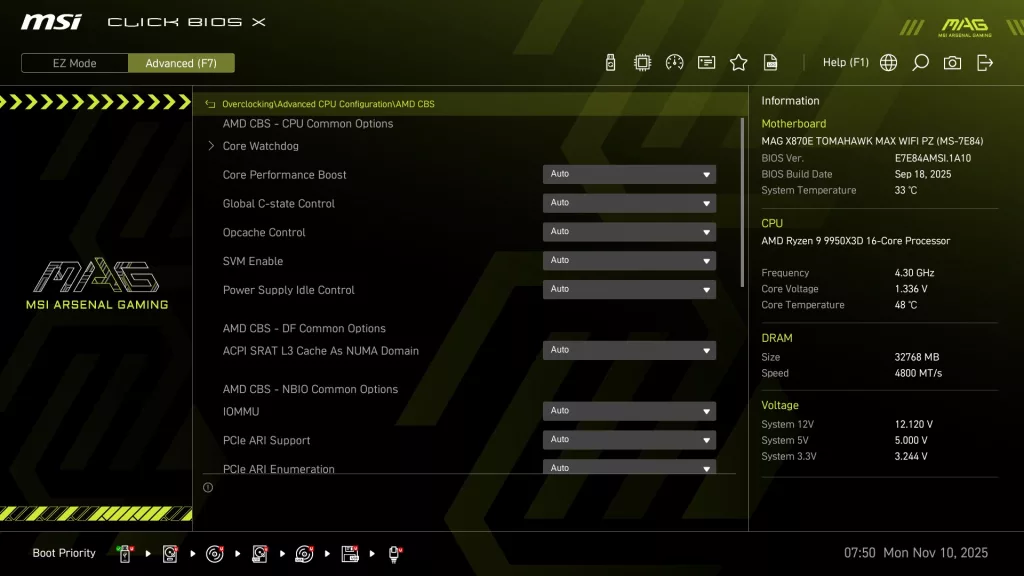 MSI MAG X870E TOMAHAWK MAX WiFi PZ motherboard: BIOS