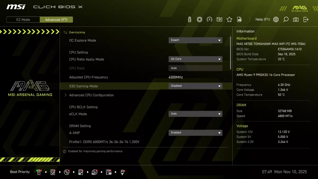 MSI MAG X870E TOMAHAWK MAX WiFi PZ motherboard: BIOS