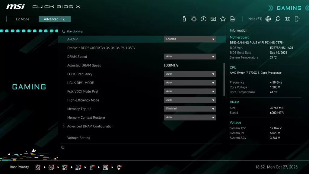 MSI B850 GAMING PLUS WiFi PZ motherboard: BIOS