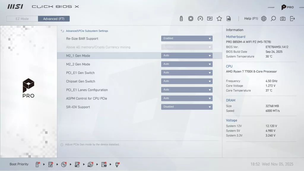 MSI Pro B850M-A WiFi PZ motherboard: BIOS