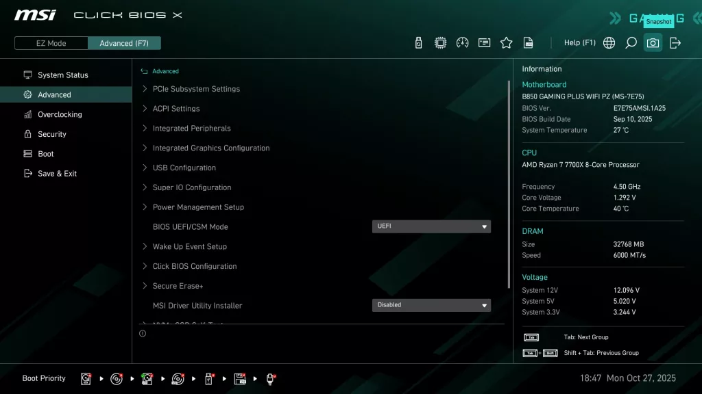 MSI B850 GAMING PLUS WiFi PZ motherboard: BIOS