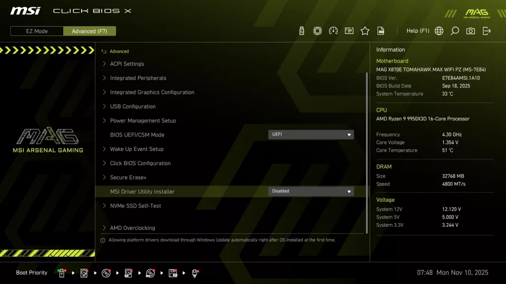 MSI MAG X870E TOMAHAWK MAX WiFi PZ motherboard: BIOS