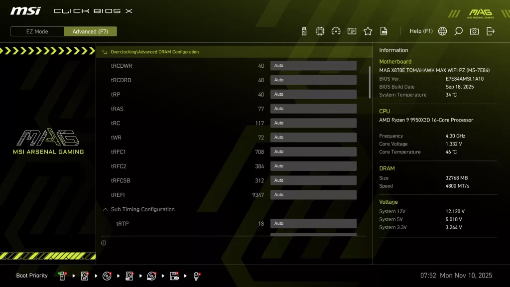 MSI MAG X870E TOMAHAWK MAX WiFi PZ motherboard: BIOS