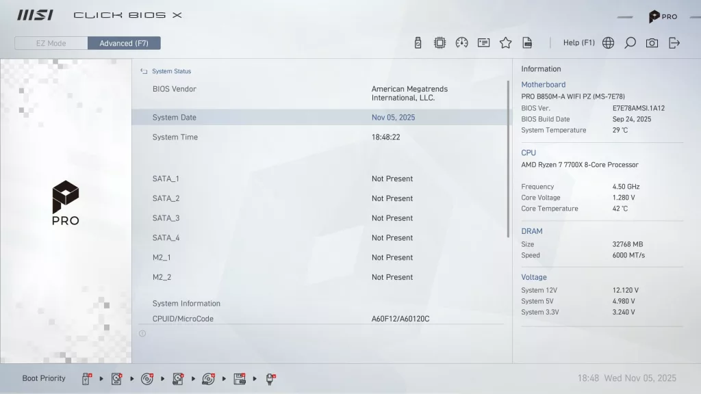 MSI Pro B850M-A WiFi PZ motherboard: BIOS