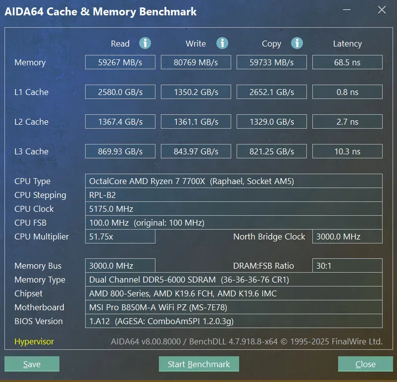 MSI Pro B850M-A WiFi PZ motherboard: AIDA64