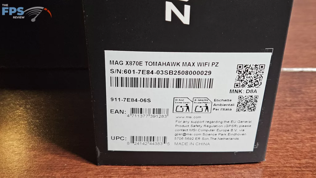 MSI MAG X870E TOMAHAWK MAX WiFi PZ motherboard: label