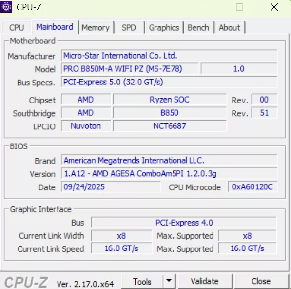 MSI Pro B850M-A WiFi PZ motherboard: CPUZ