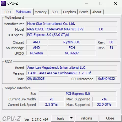 MSI MAG X870E TOMAHAWK MAX WiFi PZ motherboard: cpuz-3