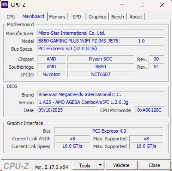 MSI B850 GAMING PLUS WiFi PZ motherboard: CPUZ