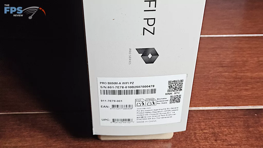 MSI Pro B850M-A WiFi PZ motherboard: Box label
