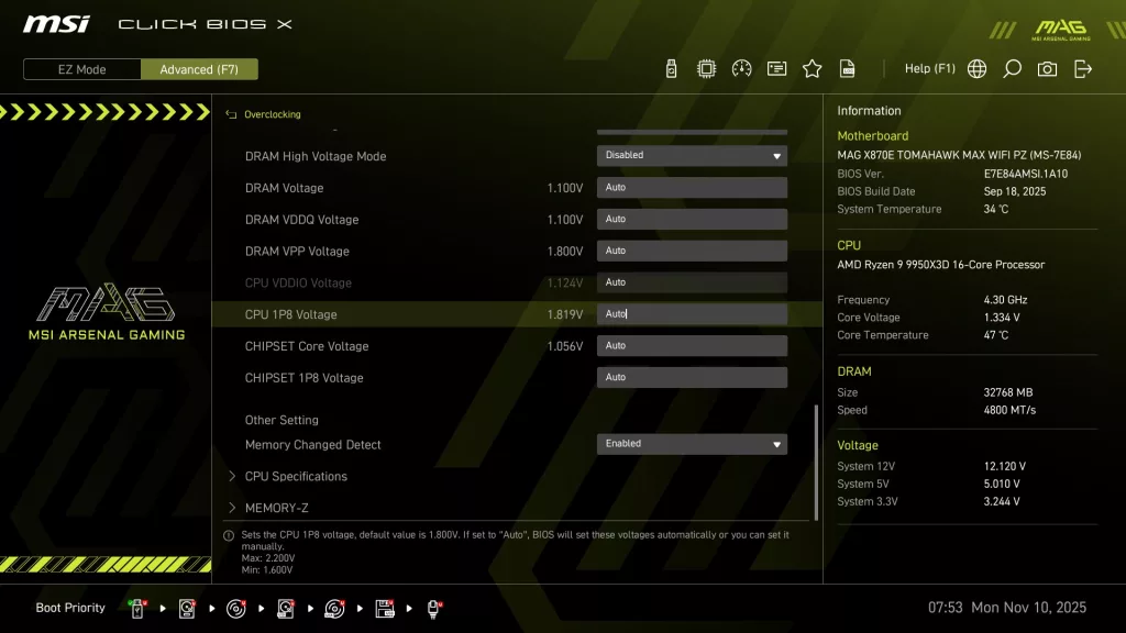 MSI MAG X870E TOMAHAWK MAX WiFi PZ motherboard: BIOS