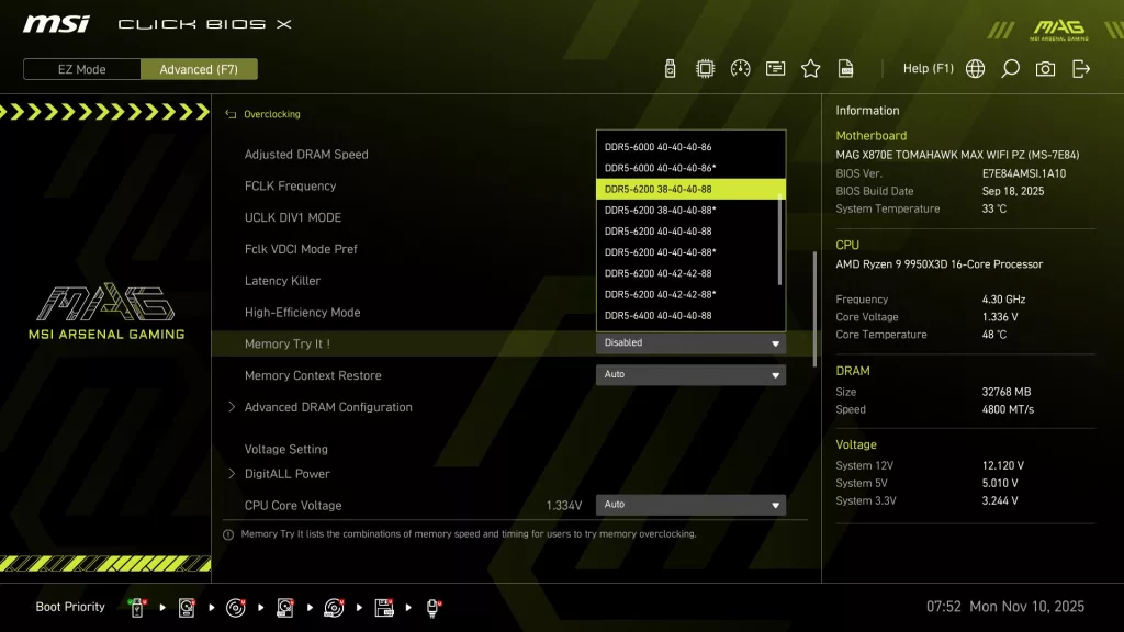 MSI MAG X870E TOMAHAWK MAX WiFi PZ motherboard: BIOS