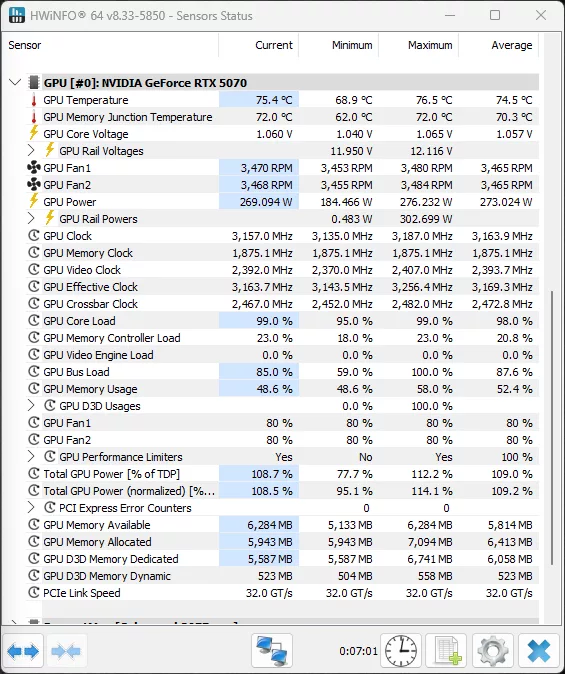 NVIDIA GeForce RTX 5070 Founders Edition Overclock With Voltage 80% Fans HWiNFO64 Screenshot