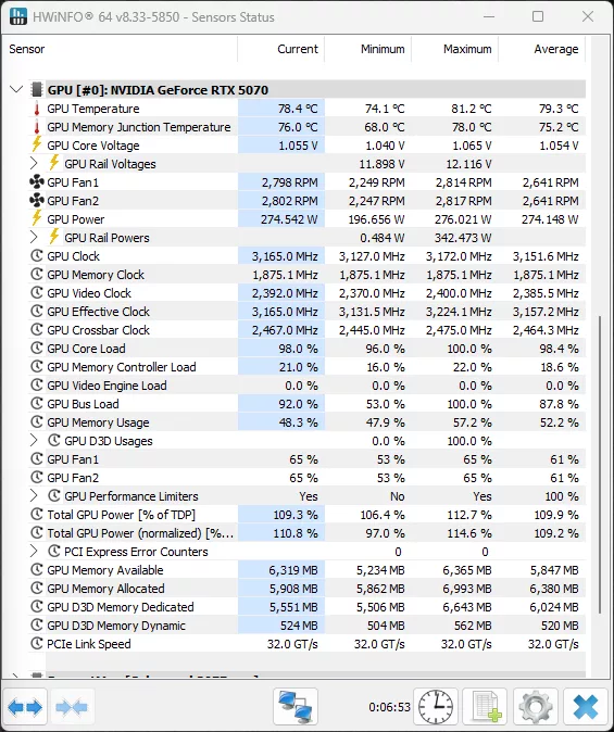 NVIDIA GeForce RTX 5070 Founders Edition Overclock With Voltage Auto Fans HWiNFO64 Screenshot