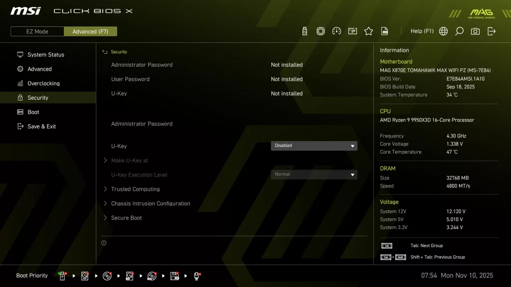 MSI MAG X870E TOMAHAWK MAX WiFi PZ motherboard: BIOS