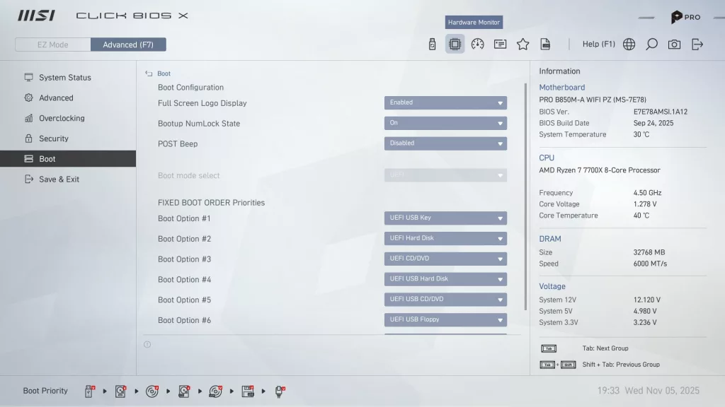 MSI Pro B850M-A WiFi PZ motherboard: BIOS