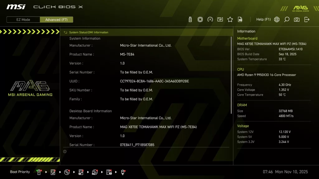 MSI MAG X870E TOMAHAWK MAX WiFi PZ motherboard: BIOS