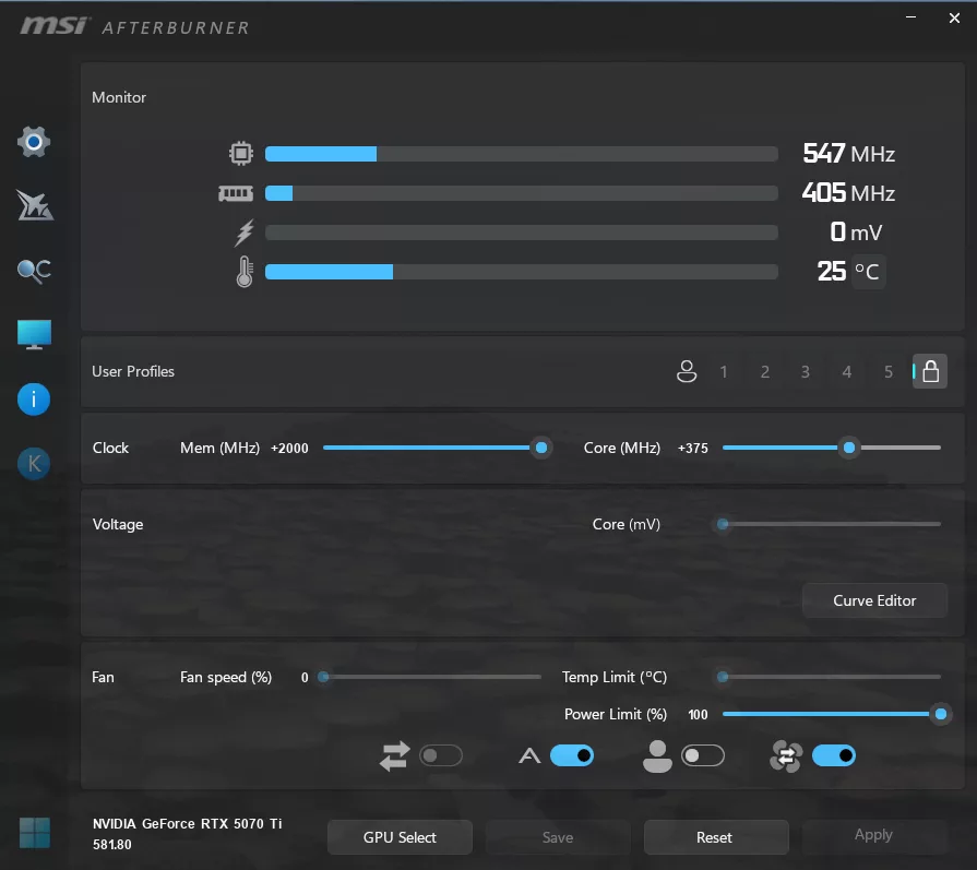 MSI GeForce RTX 5070 Ti 16G VENTUS 3X PZ OC video card: Afterburner OC final