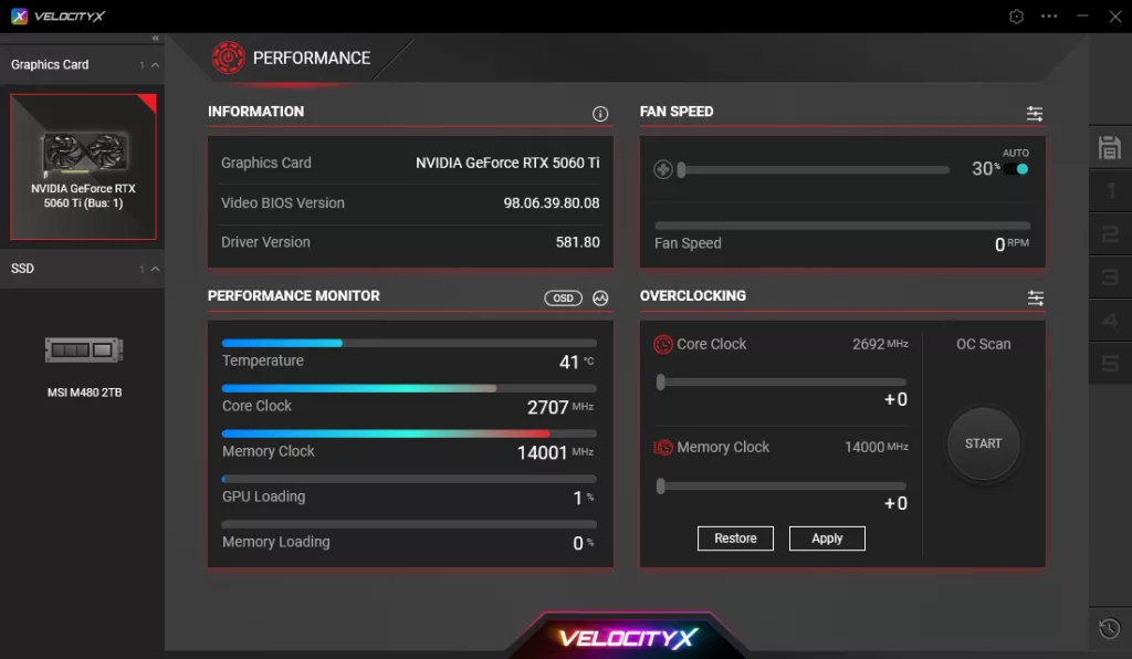 PNY GeForce RTX 5060 Ti 8GB Overclocked Dual Fan VelocityX Overclock Screenshot