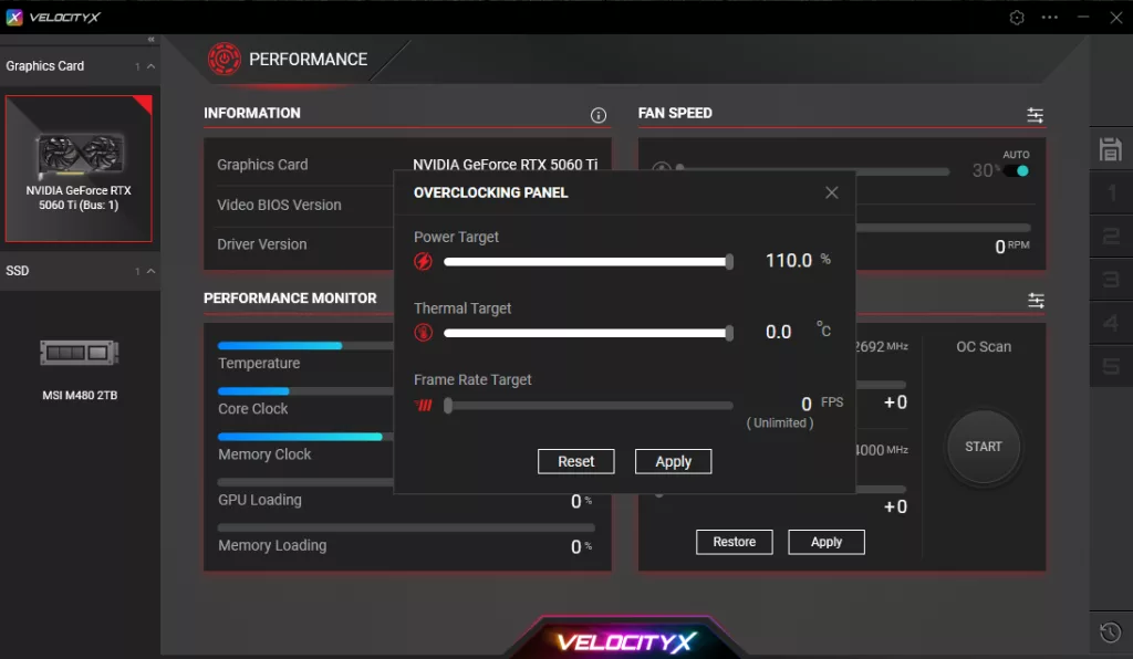 PNY GeForce RTX 5060 Ti 8GB Overclocked Dual Fan VelocityX Overclock Screenshot