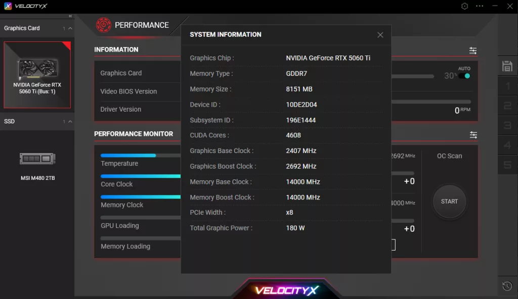 PNY GeForce RTX 5060 Ti 8GB Overclocked Dual Fan VelocityX Overclock Screenshot