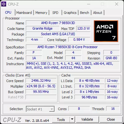 AMD Ryzen 7 9850X3D CPU CPU-Z Screenshot