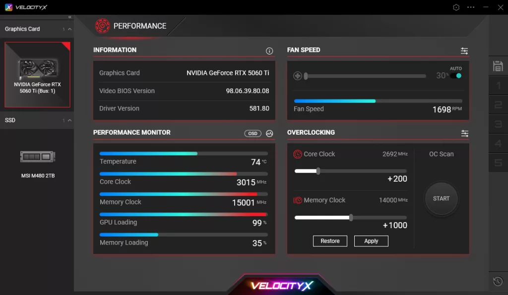 PNY GeForce RTX 5060 Ti 8GB Overclocked Dual Fan VelocityX Overclock Screenshot