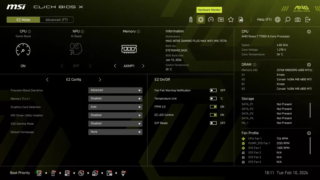 MSI MAG X870E GAMING PLUS MAX WiFi motherboard: BIOS screenshot
